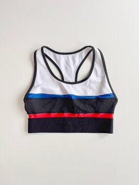 P.E NATION White Black Blue Red Colorblock Striped Logo Sports Bra Top, Size XS